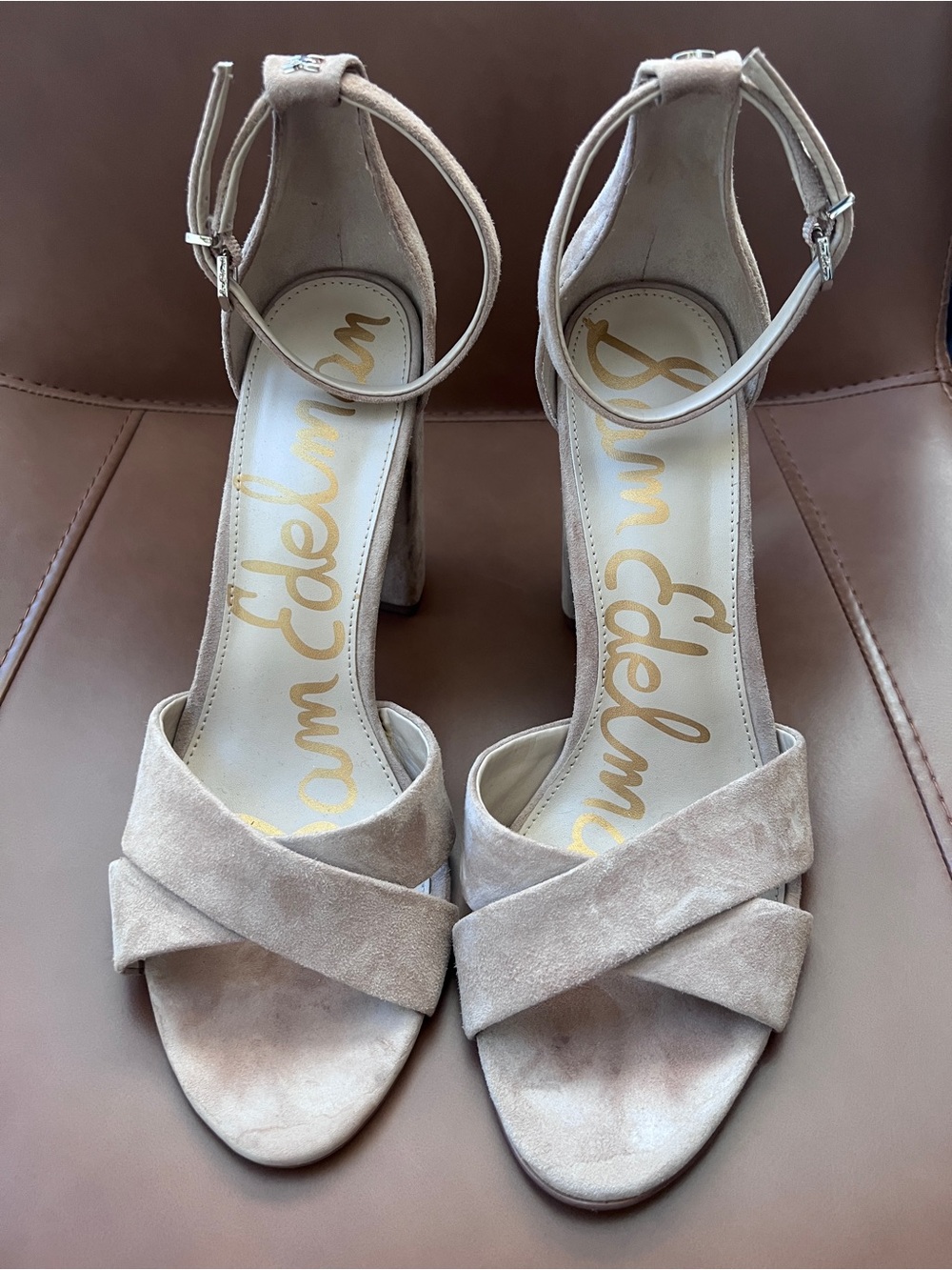 Sam Edelman Beige Suede Block Heel Sandals